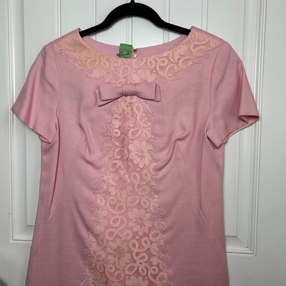 Vintage 60s Henry Lee Pink Lace Shift Dress M/L Bow Detail Designer Mod Costume - Picture 7 of 11